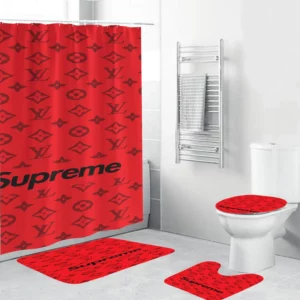 Louis Vuitton Lv Louis Vuitton Supreme In Red Monogram Background Bathroom Set Luxury Fashion Brand Bath Mat Home Decor Hypebeast