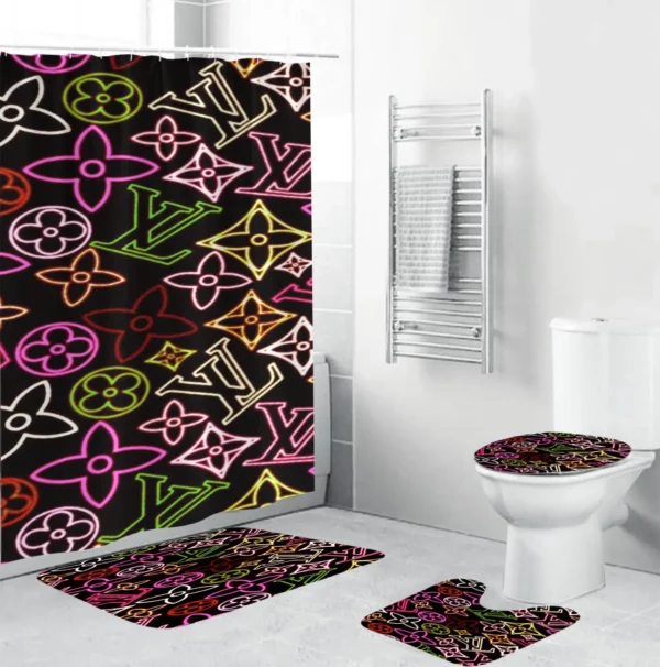 Louis Vuitton Lv Louis Vuitton Neon Monogram In Black Background Bathroom Set Home Decor Bath Mat Luxury Fashion Brand Hypebeast