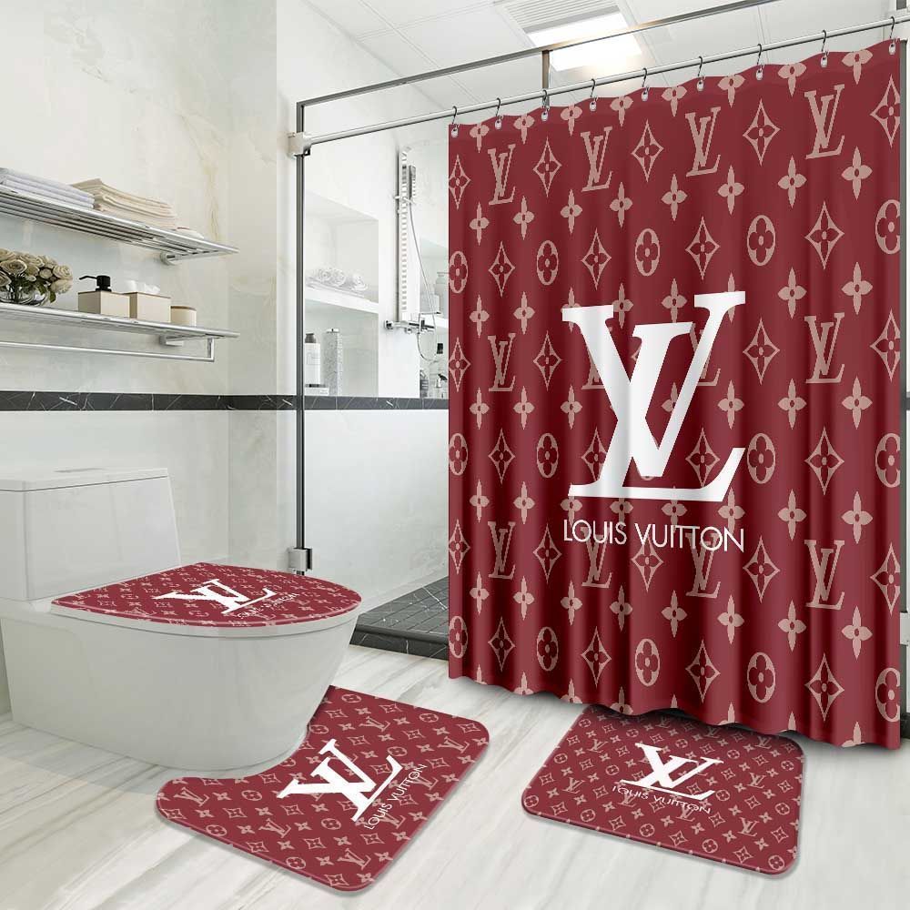 Louis Vuitton Red Preium Bathroom Set Luxury Fashion Brand Home Decor Bath Mat Hypebeast