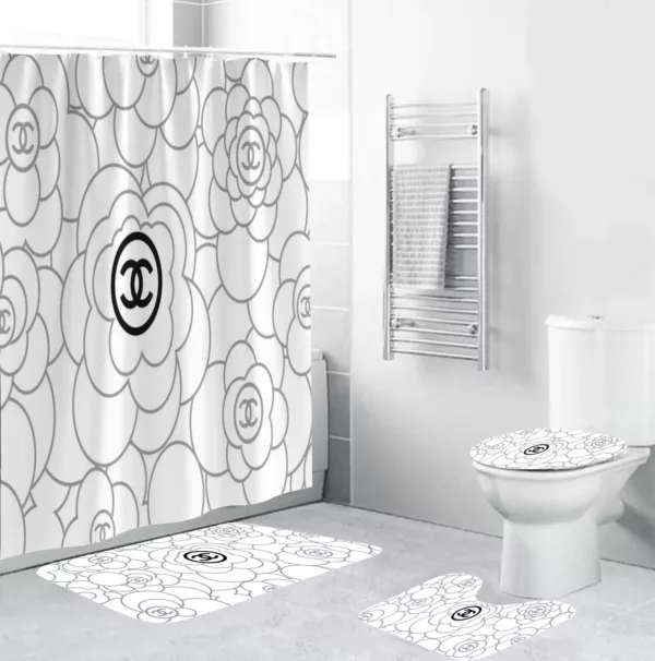 Chanel Black Signature Flowers In White Back Ground Bathroom Set Luxury Fashion Brand Hypebeast Home Decor Bath Mat