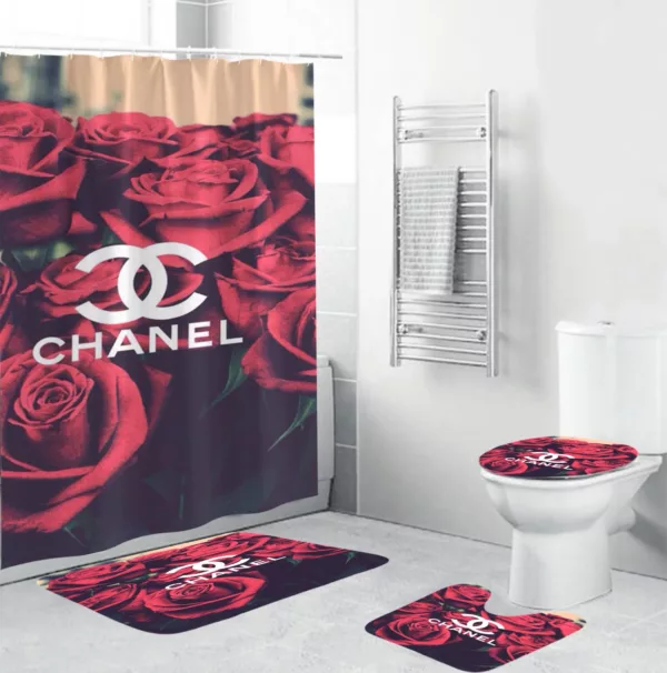 Coco Chanelin Red Roses Background Bathroom Set Home Decor Bath Mat Luxury Fashion Brand Hypebeast