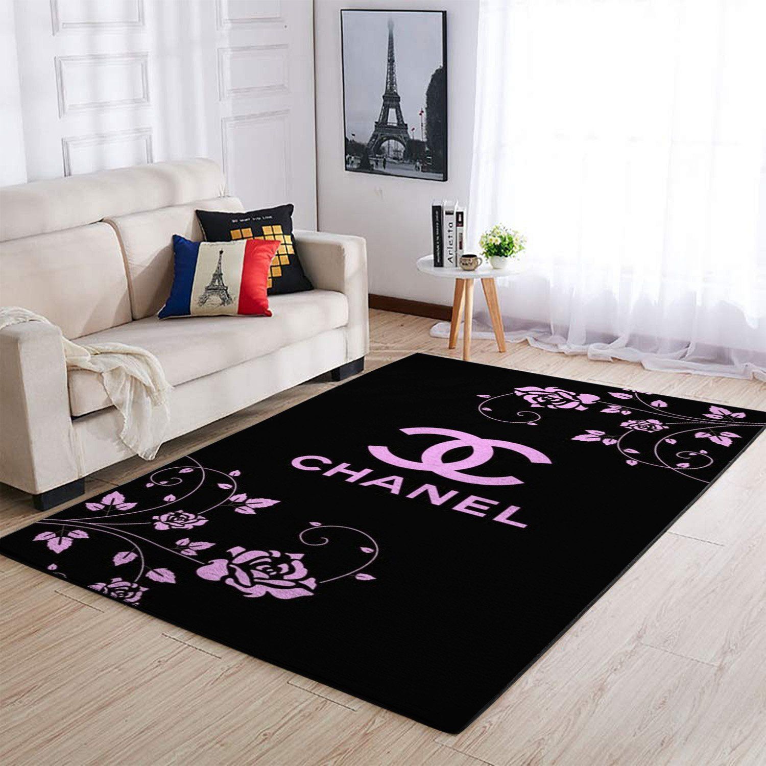 Chanel Flowers Black Rectangle Rug Home Decor Door Mat Area Carpet Luxury Fashion Brand