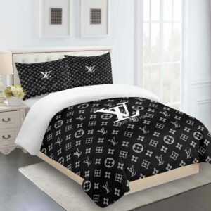 Gray Black White Full Louis Vuitton Logo Brand Bedding Set Luxury Home Decor Bedspread Bedroom