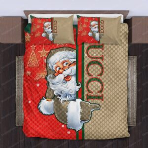 Santa Claus Gucci Pattern Logo Brand Bedding Set Bedroom Luxury Bedspread Home Decor