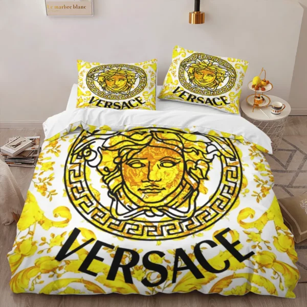 Versace Gold Logo Brand Bedding Set Bedspread Bedroom Luxury Home Decor