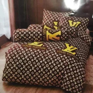 Louis Vuitton Brown Golden Logo Brand Bedding Set Bedspread Home Decor Bedroom Luxury