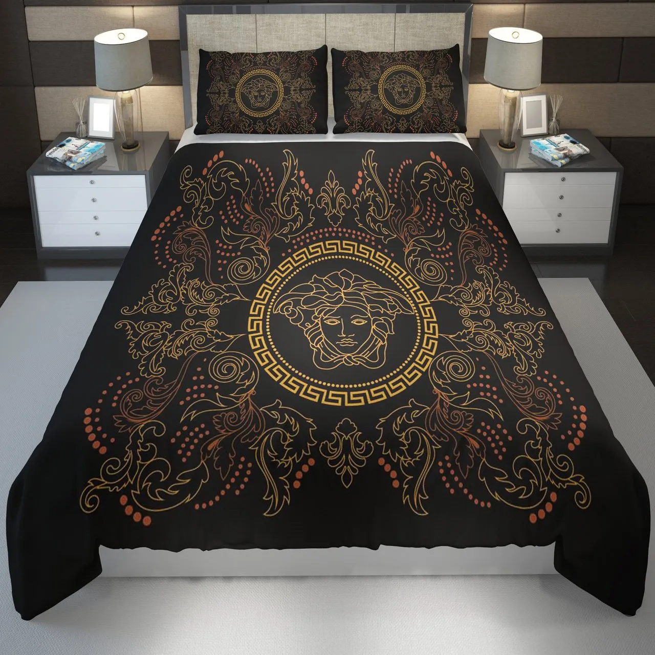 Versace Black Logo Brand Bedding Set Luxury Bedspread Bedroom Home Decor